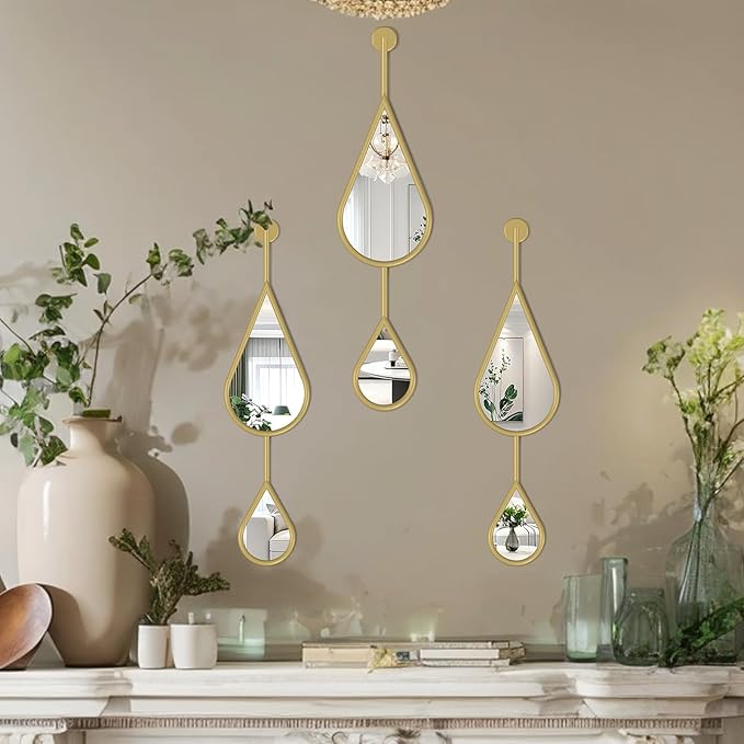 Gold Wall Mirror Tear Drop Shape Decor Mirror for Bedroom Living Room entryway Hall Fireplace Boho Wall Mirror 3-Pack Mirrors Set