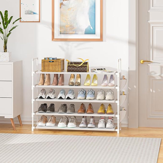 OYREL 5 Tier Shoe Organizer, 33.3in Wide x 11.2in Deep x 35.6in Tall, Black Metal and Plastic Shoe Rack with Side Bag, Holds 20-25 Pairs of Shoes