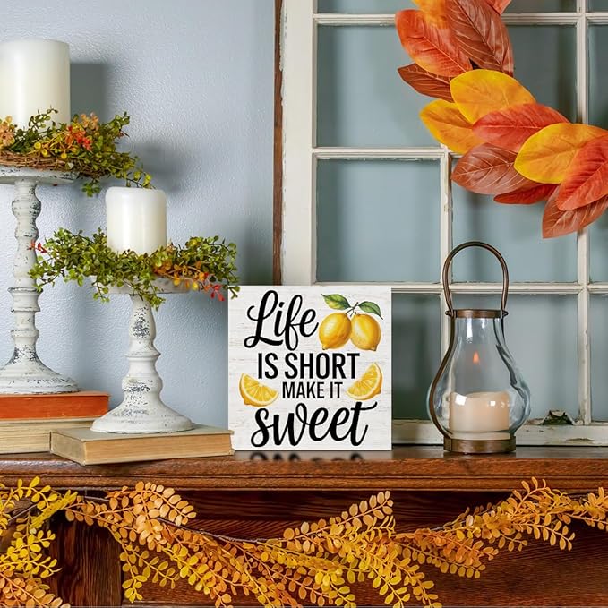 Inspirational Quote Life is Short Make it Sweet Wood Box Sign, Rustic Lemon Print Accessories Wood Plaque, Woods Table Decorative Signs for Office Home Tabletop Shelf, Farmhouse Gifts for Women Family