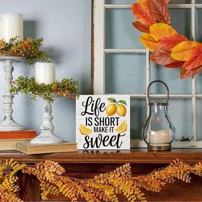 Inspirational Quote Life is Short Make it Sweet Wood Box Sign, Rustic Lemon Print Accessories Wood Plaque, Woods Table Decorative Signs for Office Home Tabletop Shelf, Farmhouse Gifts for Women Family