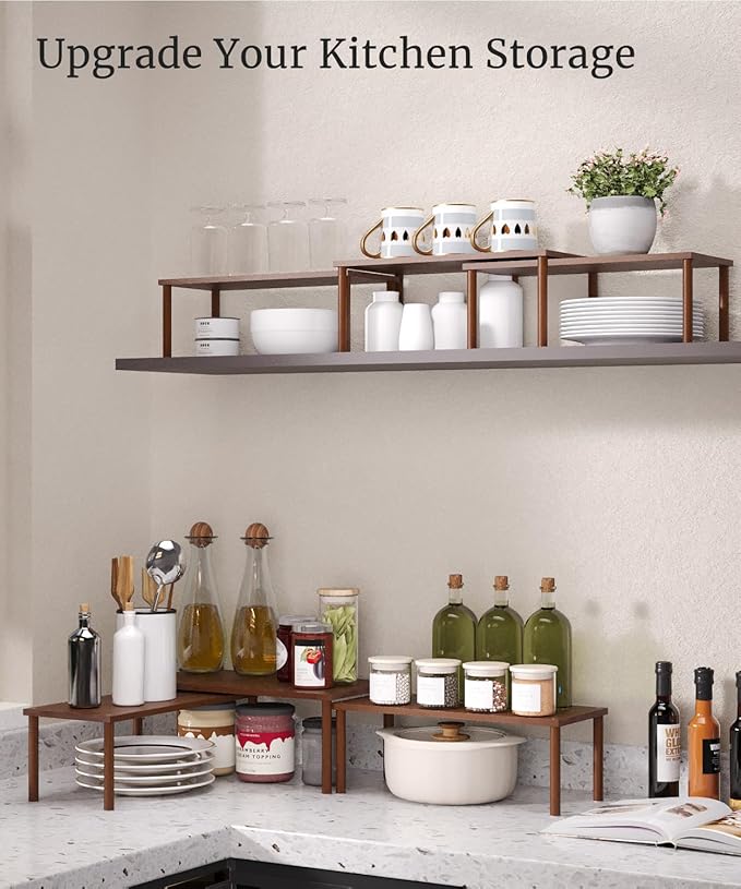 Cabinet Organizer Shelf(Set of 3),Bamboo Kitchen Counter Shelves for Countertop and Cabinet,Stackable Shelf Spice Racks,Large (Brown)