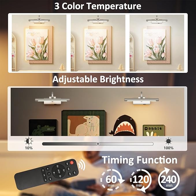Aipsun 11.8" Nickel Picture Lights for Wall Rechargeable,10000mAh LED Battery Operated Art Light for Paintings,3CCT Dimmable, Rotatable Gallery Light for Pictures Display(Brushed Nickel)