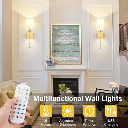 19.9 Inch Wall Sconces Battery Operated Set of 2, Gold Rechargeable Wireless Wall Sconces Lights with Remote, Not Hardwired Dimmable Wall Lamps with White Fabric Shade for Bedroom, 2 Bulbs Included