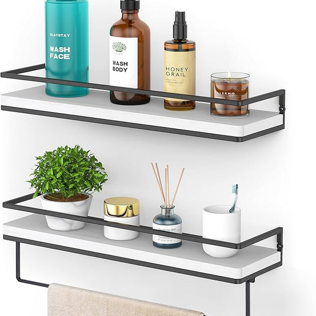 Meangood Floating Shelves Wall Mounted Set of 2, Wall Shelf with Towel Bar Rustic Wood Wall Storage Shelves for Bedroom,Living Room,Bathroom, Kitchen White