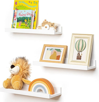 Picture Ledge Shelf for Wall, 16 inches Solid Pine Wood Nursery Book Shelves 3 Packs, Floating Ledge Shelves for Kids' Room Bedroom Bathroom Living Room Photo Frames Office Nursey Wall Decor, White