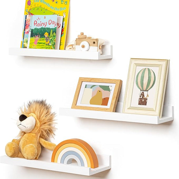 Picture Ledge Shelf for Wall, 16 inches Solid Pine Wood Nursery Book Shelves 3 Packs, Floating Ledge Shelves for Kids' Room Bedroom Bathroom Living Room Photo Frames Office Nursey Wall Decor, White
