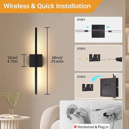 Battery Operated Wall Sconce Set of 2, 8000mAh Wireless Wall Sconces, 3000K-6000K Dimmable, 350°Rotate, Indoor Wall Lights with Remote for Bedroom Living Room Bathroom, Black, 23.6 Inch