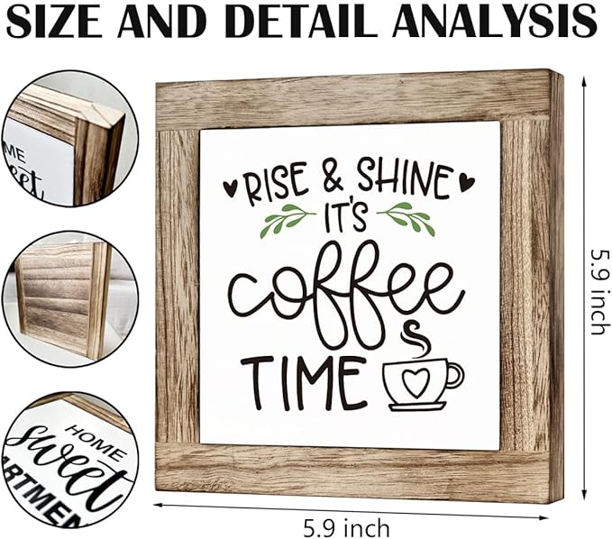 Rise & Shine Coffee Decor Set - Rustic Wooden Table Sign, Farmhouse Style, Coffee Station Decor