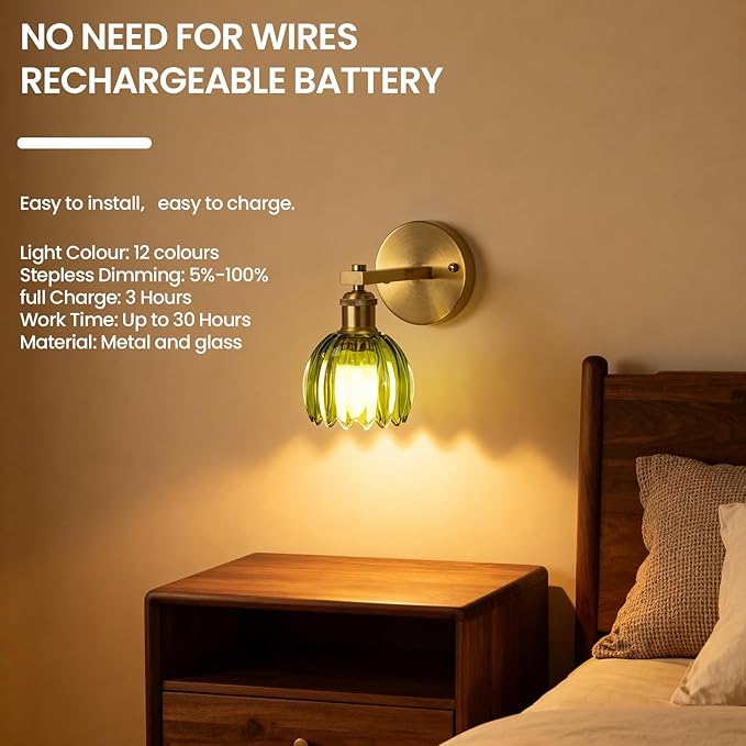 Wall Sconces Set of Two, Battery Operated Wall Light with Remote, Wireless Rechargeable Wall Sconce, 12 Colors & Dimmable, Scalloped Green Glass Shade, Vintage Brass Wall Lamp for Bedroom, Living Room