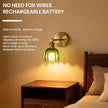 Wall Sconces Set of Two, Battery Operated Wall Light with Remote, Wireless Rechargeable Wall Sconce, 12 Colors & Dimmable, Scalloped Green Glass Shade, Vintage Brass Wall Lamp for Bedroom, Living Room