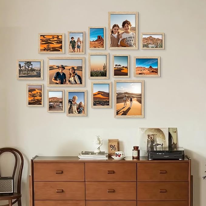BESCRCL 15 Pack Real Glass Picture Frames Collage Wall Decor, Including 3pcs 8x10, 6pcs 5x7, 6pcs 4x6 Photo Frames for Gallery Wall or Tabletop Display, Natural Woodgrain