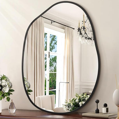 Large Irregular Wall Mirror Black Asymmetrical Bathroom Mirror Modern Decorative 26"x37.5" Aluminum Alloy Frame for Bathroom, Living Room, Entryway, Bedroom