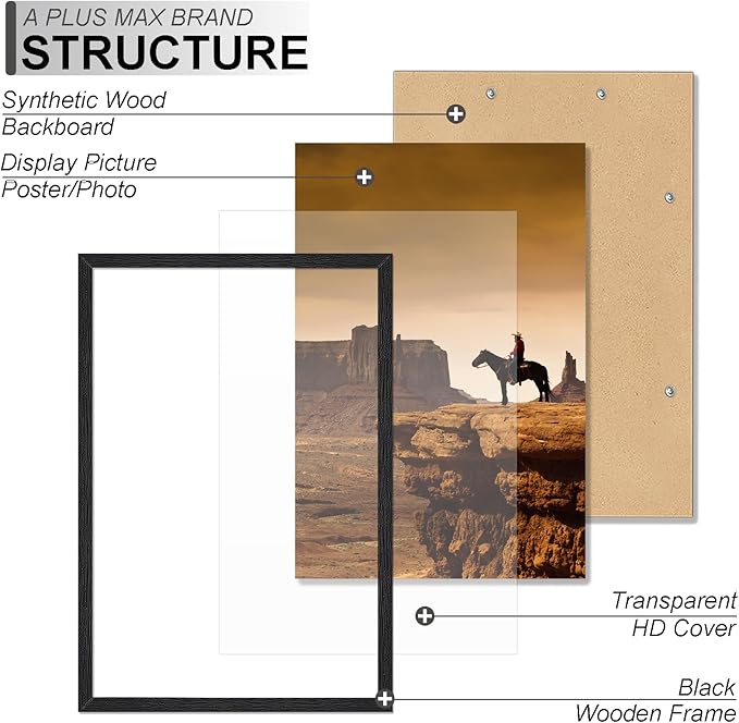 A PLUS MAX 20x30 Picture Frame, Black Engineered Wood Frame for 20 x 30 Inch Picture Poster Photo, Light Weight 20 by 30 Frame with Wood-grain for Wall - 1 Pack/Black/20 x30