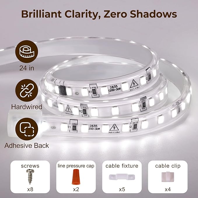 Hardwired Under Cabinet Lighting for Kitchen,24inch120V Wired Undercounter Led Strip Lights 6000K White Waterproof, Luces para Cocina Bajo Gabinete Under Shelf Lights for Sink/Workbench