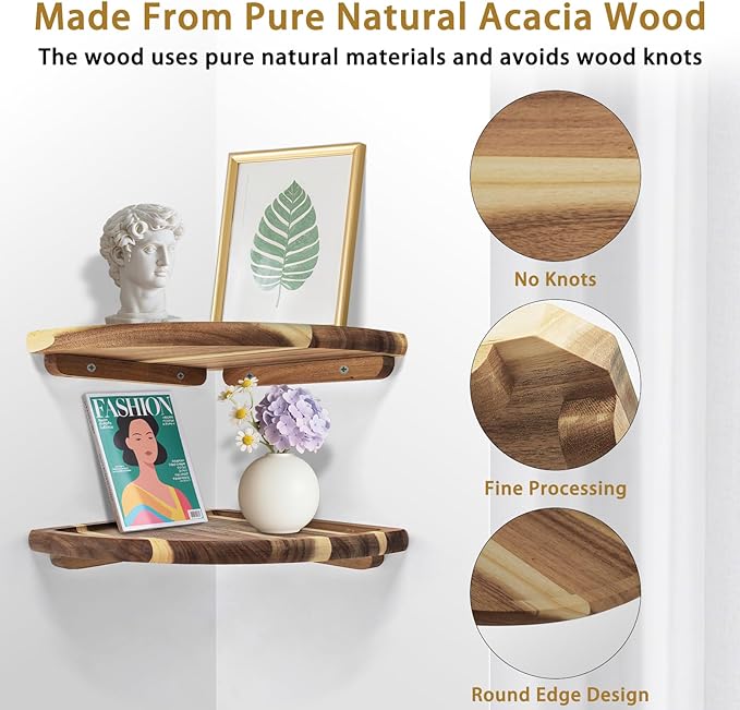 Floating Corner Shelve, 10 Inch Acacia Wood Corner Shelf Set of 2, Corner Shelf wall Mounted for Living Room, Bedroom, Bathroom, Office, Kitchen (Natural Wood Colour)