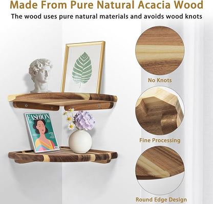 Floating Corner Shelve, 10 Inch Acacia Wood Corner Shelf Set of 2, Corner Shelf wall Mounted for Living Room, Bedroom, Bathroom, Office, Kitchen (Natural Wood Colour)