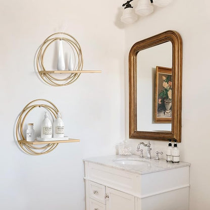 Oakrain Small Floating Shelves Set of 2, 11" Gold Wall Mounted Hanging Shelf with Metal Frame Wood Round Wall Shelves for Storage, Living Room Decor, Bathroom, Kitchen, Bedroom, Office