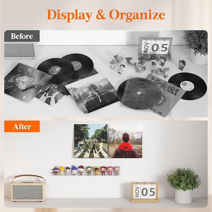 Lifewit Narrow Floating Shelves for Vinyl Record 8 Pack, 12" Clear Wall Shelves for Nail Polish/Book/Picture/Makeup, Acrylic Wall Display Shelf Organizer for Bedroom, Living Room, Bathroom Decor
