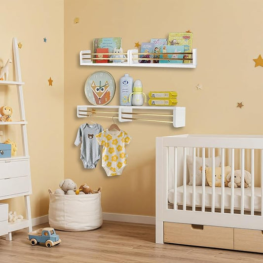 Nursery Wall Book Shelves Set of 4, 16" Solid Pine Wood Floating Book Ledges with Dual Safety Rails, Wall Mounted Kids Bookshelf for Baby & Toddler Books, Toys & Decor, Reversible Install, White/Gold