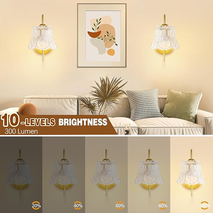 Vintage Battery Wall Sconce with Flower lampshade,Rechargeable Battery Powered Wall Lights,Wall lamp with 15 Colors for Bedroom Living Room Home Decor (Clear Rose, 2 Light Battery Operated)