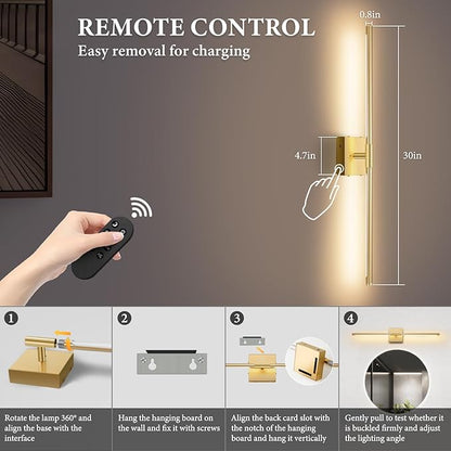 Wall Sconces Set of Two Battery Operated, Wireless USB Rechargeable Wall Lights with Remote, 8000mAh Dimmable LED 3 Color Dimmable Living Room for Bedroom,Hallway,Picture Lamp(30in Gold)