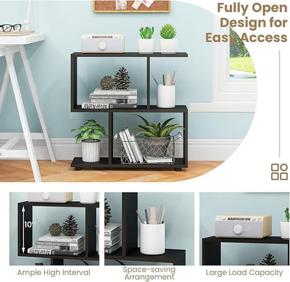 Tangkula 2 Tier Geometric Bookshelf, Freestanding Wood Display Shelf, Home Office Room Divider S Shaped Open Bookcase, Small Bookshelf for Small Spaces, Living Room, Study (Black, 1)