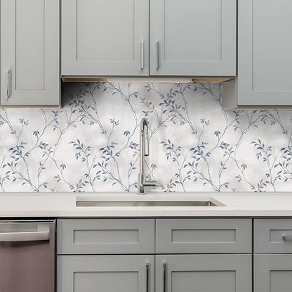 VaryStyle 17.7"x393" Tree Branches Peel and Stick Wallpaper Grey Blue Twigs with Leaf Linen Look Wallpaper Waterproof Vinyl Grey Contact Paper Vintage Tree Wall Paper for Kitchen Living Room Walls