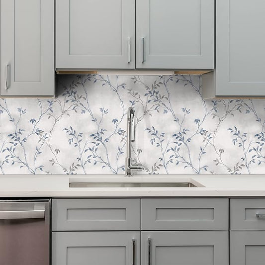 VaryStyle 17.7"x393" Tree Branches Peel and Stick Wallpaper Grey Blue Twigs with Leaf Linen Look Wallpaper Waterproof Vinyl Grey Contact Paper Vintage Tree Wall Paper for Kitchen Living Room Walls