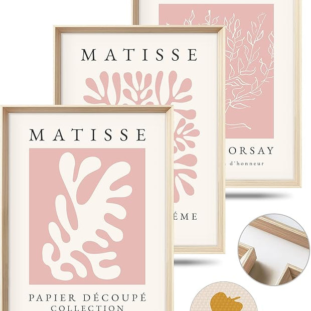 Framed Matisse Pink Canvas Wall Art,Abstract Matisse Canvas Wall Decor,16x12IN High Framed Wood Design Print,Minimalist Classic Decor Aesthetic for Living Room,Bedroom,Bathroom Set of 3