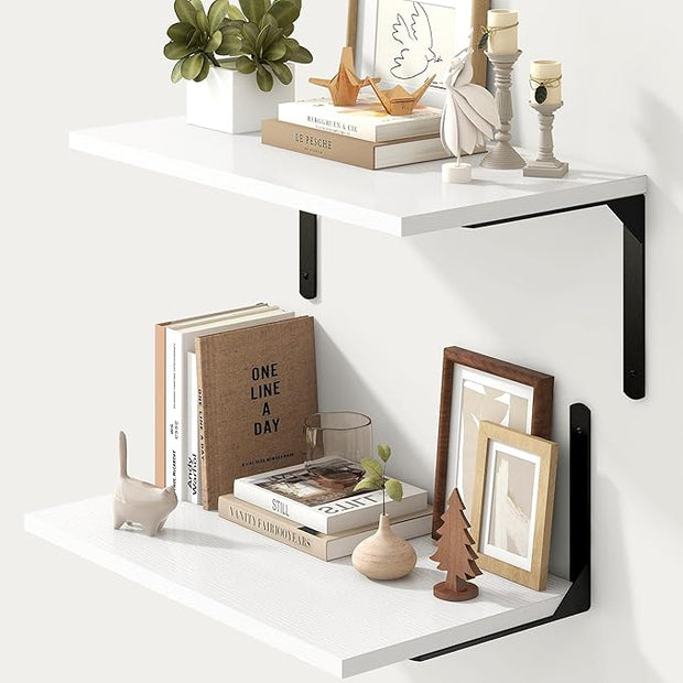 Fun Memories Floating Shelves for Wall, 12 Inch Deep Floating Shelves Set of 2, Wall Mounted Shelf with Metal Brackets, Rustic Wood Wide Shelf for Bathroom, Kitchen and Living Room, White, 24W x 12D