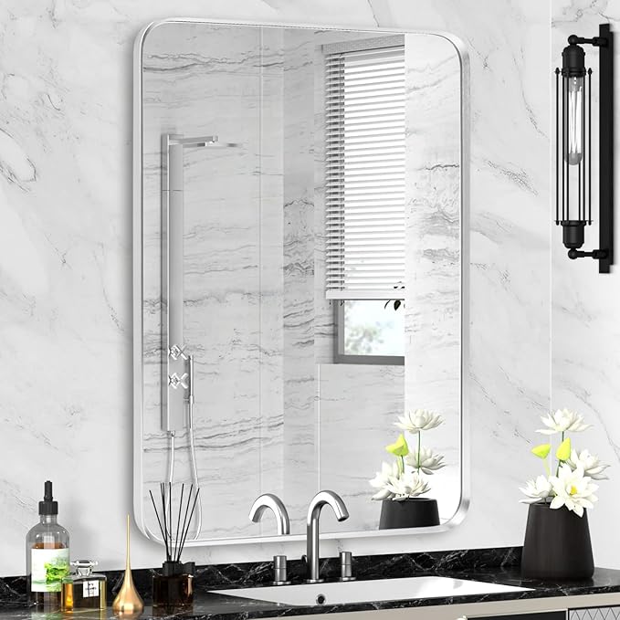 Silver Framed Bathroom Mirror, Brushed Nickel Rounded Corner Rectangle Wall Mirror, Tempered Glass, Shatter Proof, Anti-Rust, Hangs Horizontally or Vertically (24