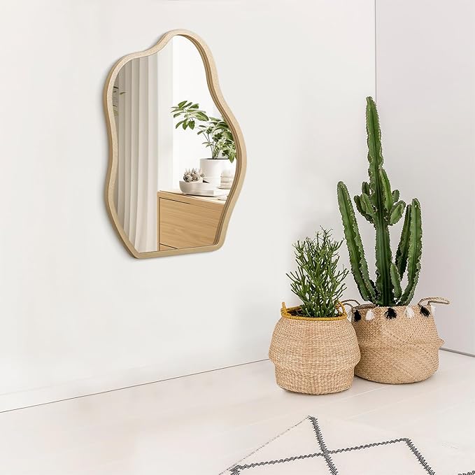 Irregular Mirror for Wall Gold Modern Asymmetrical Large Mirror Wooden Framed Hanging Wall Mirror Unique Shape Vanity Cloud Mirror Decor Decorative for Bedroom Bathroom Living Room Entryway