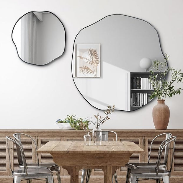 POZINO Irregular Mirror, 35" Large Asymmetrical Circle Mirrors, Black Scalloped Rounded Mirror, Modern Frameless Abstract Mirrors for Living Room Bedroom Bathroom Entryway Hallway Fireplace