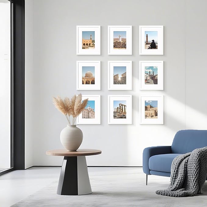 Wiscet 8x10 Picture Frame Set of 9, Display Pictures 5x7 with Mat or 8 x 10 Without Mat, Photo Frame for Wall Mounting or Tabletop Display, White.