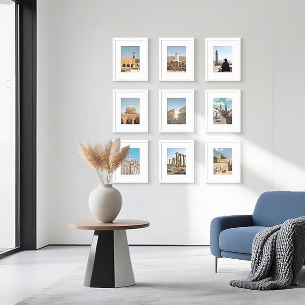 Wiscet 8x10 Picture Frame Set of 9, Display Pictures 5x7 with Mat or 8 x 10 Without Mat, Photo Frame for Wall Mounting or Tabletop Display, White.
