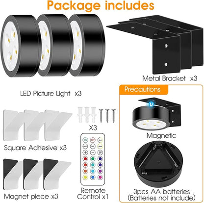 RGB Picture Light Battery Operated Painting Lights for Wall Wireless Magnetic Display Art Light with Remote Controls,Dimmable&Timer for Art Frame Artworking,6Pack Black