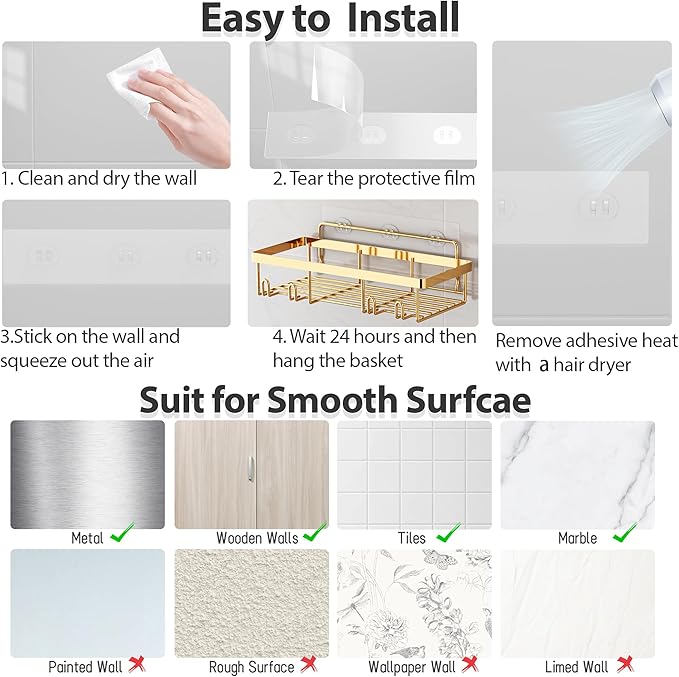 5 Pack Shower Caddy Organizer Rack Shelf for Inside Shower, Self Adhesive Wall Storage Basket Rustproof Stainless Steel Shampoo Holder Bathroom Accessory Decor Set, Gold