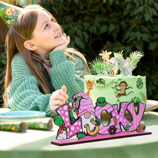 St Patricks Day Decor for Table Irish Lucky Decoration Leprechaun Wooden Centerpieces Rustic Farmhouse Sign for Tabletop Home Shelf Office St Patricks Day Party Decoration Pink