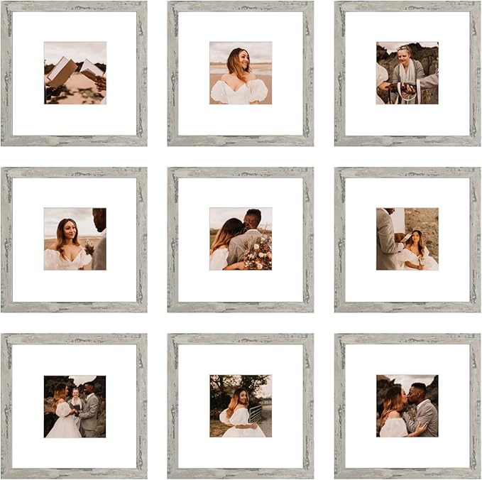 8x8 Picture Frame Set of 9, Display Pictures 4x4 with Mat or 8x8 without Mat, Multi Collage Gallery Square Photo Frames for Wall or Tabletop, Distressed Gray