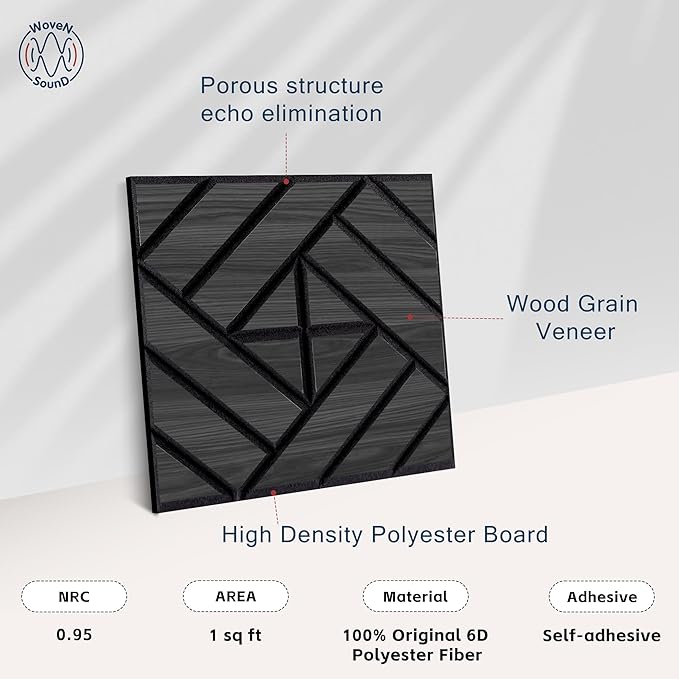 WoveN SounD Artisan Acoustic Wall Panels, 16 Pack 12x12 Inch, Wood Veneer Carved Sound Proof Wall Decor, Self-Adhesive for Home, Studio, Office & Focus Zones, Grid Weave, Black Oak
