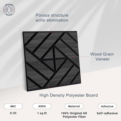 WoveN SounD Artisan Acoustic Wall Panels, 16 Pack 12x12 Inch, Wood Veneer Carved Sound Proof Wall Decor, Self-Adhesive for Home, Studio, Office & Focus Zones, Grid Weave, Black Oak