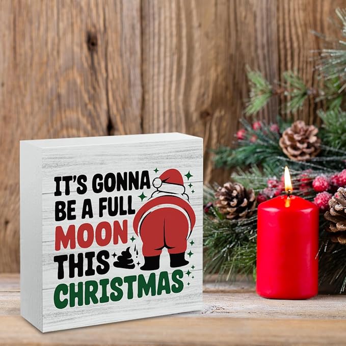 Funny Christmas Bathroom Decor Bathroom Desk Accessories Christmas Decorations Indoor Wooden Box for Toilet Shelves Santa It's Gonna Be A Full Moon This Xmas Signs 5 X 5 Inch