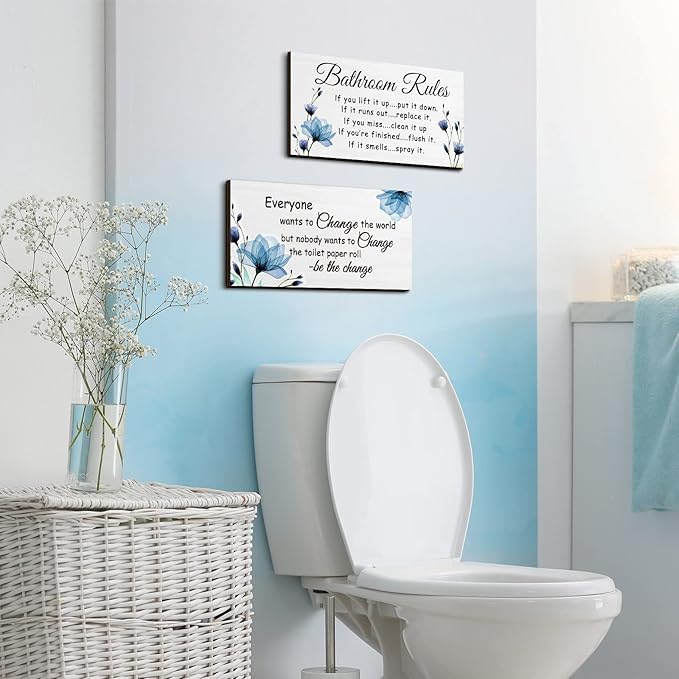 Jetec 2 Pieces Funny Bathroom Signs Bathroom Wall Decor Toilet Wall Accessories Farmhouse Toilet Rustic Wooden Signs, 12x6 Inch(Blue Floral)