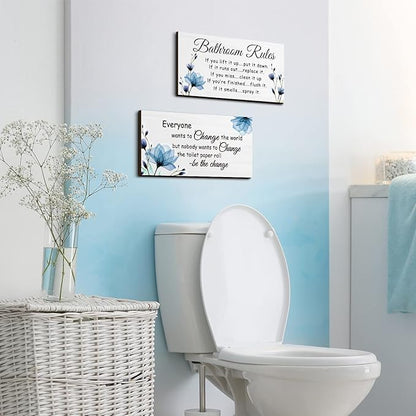 Jetec 2 Pieces Funny Bathroom Signs Bathroom Wall Decor Toilet Wall Accessories Farmhouse Toilet Rustic Wooden Signs, 12x6 Inch(Blue Floral)