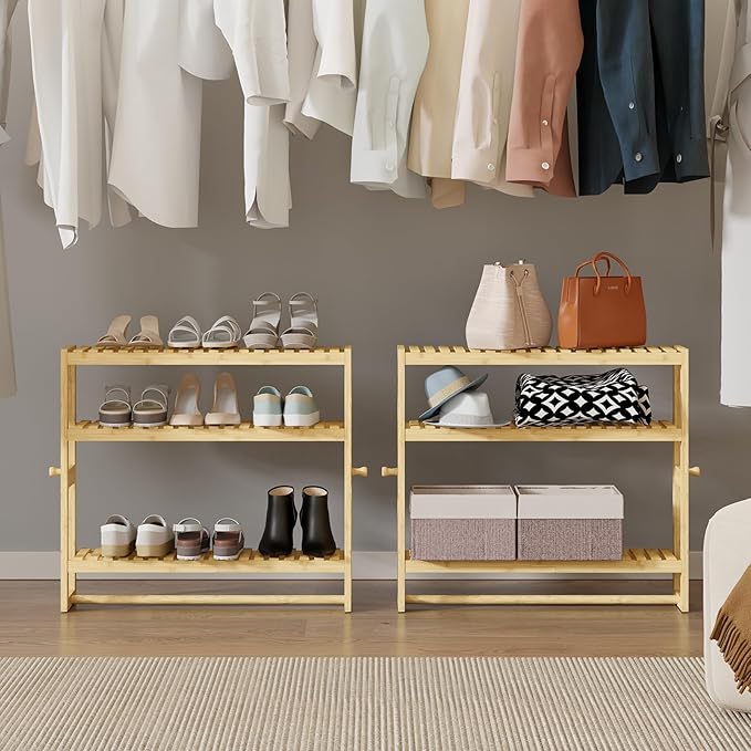 RRX Bathroom Shelf Storage Organizer, Bathroom Shelf 3-Tier Adjustable Layer Bamboo Organizer with Bar, Hanging, Freestanding Over Toilet Utility Shelves, Beige