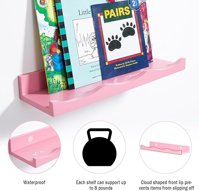 AZSKY Floating Bookshelf for Kids, Floating Shelves for Wall Cloud Picture Ledge Shelf Pink 16 Inches Nursery Book Shelves Set 3, Baby Book Shelf for Kids Room, Toddler Room, Baby Room, Nursery Decor