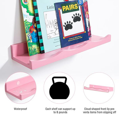 AZSKY Floating Bookshelf for Kids, Floating Shelves for Wall Cloud Picture Ledge Shelf Pink 16 Inches Nursery Book Shelves Set 3, Baby Book Shelf for Kids Room, Toddler Room, Baby Room, Nursery Decor