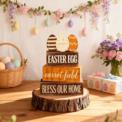 Easter Decorations - Easter Egg Carrot Field Tiered Tray Decor - Wooden Farmhouse Easter Tabletop Sign with Eggs & Carrot Theme - Rustic Spring Home Decor for Shelf Mantel Kitchen - Spring Home Decor for Living Room, Kitchen Counter