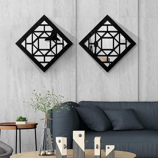 2 PCS Square Wall Mirror,Rustic Farmhouse Wall Mirrors,12 inch Small Mirror Art (style1 Black)