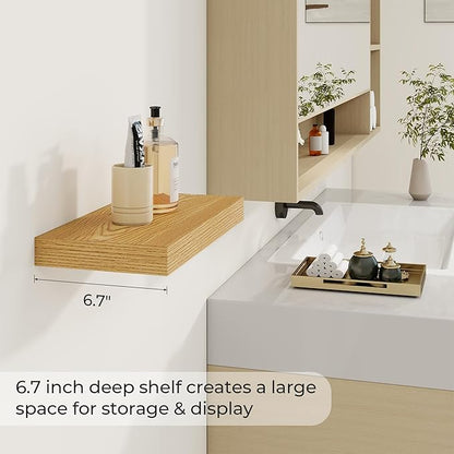 Dreamland 16 Inches Floating Shelves for Wall,6.7 Inch Deep Floating Shelves Set of 2, Large Display & Storage Shelf, Wall Shelf for Bathroom Bedroom Living Room Kitchen Office,Light Brown